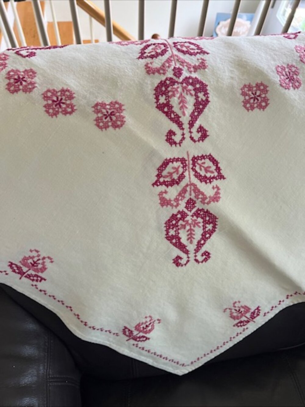 Handmade Cross Stich Embroidered Linen  Square  Tablecloth White & Red 48" x 48"